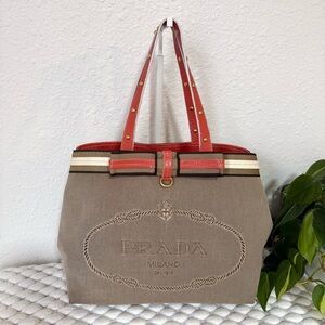 PRADA Tote Shoulder Handbag Canapa Canvas Beige